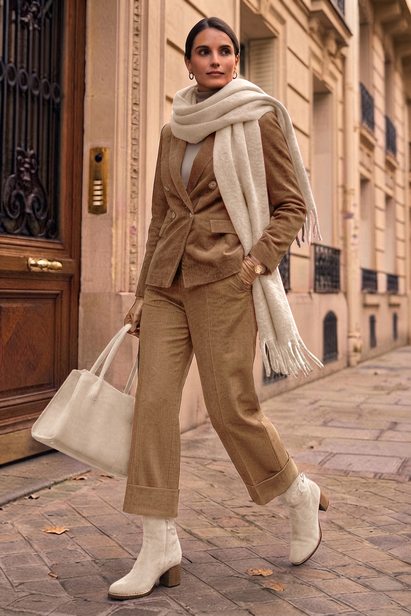 Women's cream side-buckle ankle boots with round toe and mid block heel - Worn view